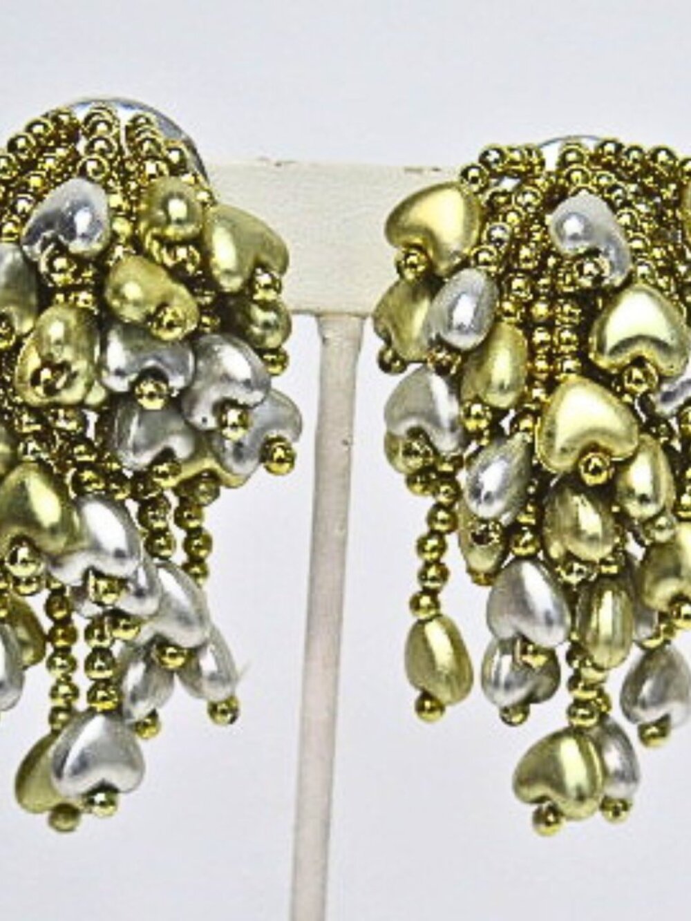 Vintage Two Tone Heart Dangle Clip On Earrings Gold Silver Estate Jewelry